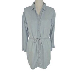 Women’s Light Blue Shirt Dress Tunic Button Front Drawstring Waist Size M